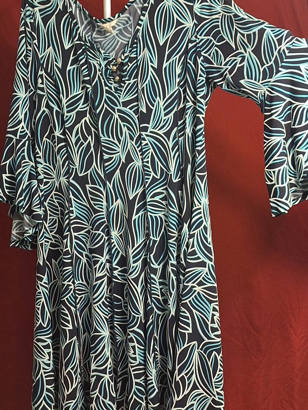 Women's Black Long-Sleeve Dress with Teal Leaf Print